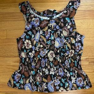 🆕 Ann Taylor Batik Floral Smocked Waist Ruffle Neck Shell, Size MEDIUM